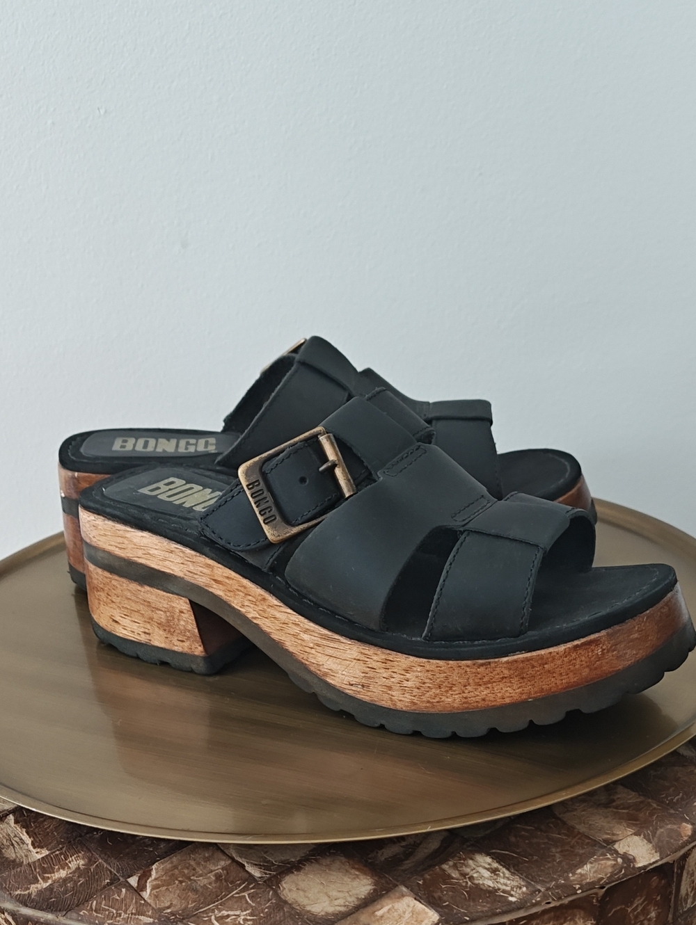 Vintage BONGO Black Leather Chunky Wood Heeled Sandals Y2K 6.5